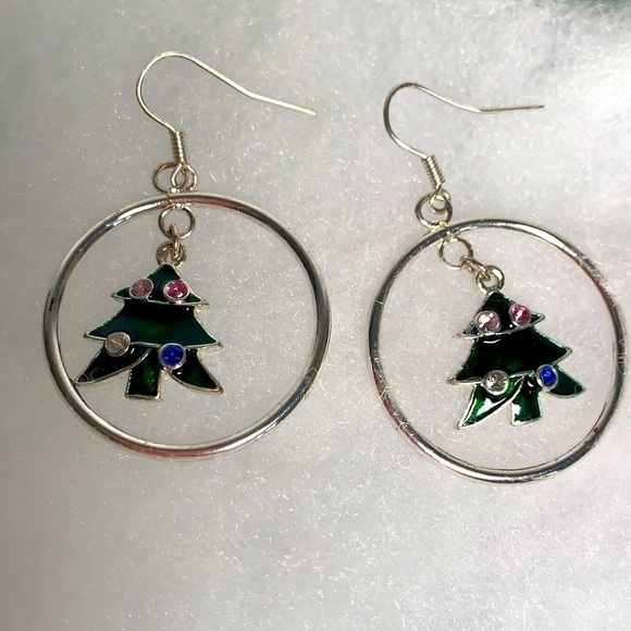 Christmas Tree Hoop Holiday Earrings - Silver Tone, Green, Rhinestones - Picture 3 of 3